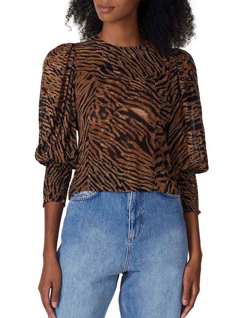 Ganni Womens Brown Tiger Print Puff-Sleeve Blouse with a back slit detail